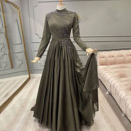 Fabulous Muslim Prom Dresses With Bead High Neck Long Sleeve A Line Formal Evening Party Gown Pleat Arabic Dubai Vestidos De Novia 415