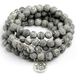 Bracelets Natural Matte Grey Map Stone Charm Bracelet Natural Bead Mens Bracelet Chakra 108 Mala Jewellery Gift for Him Free Shipping