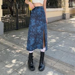 Skirts Rimocy 2023 Tie Dye Denim Skirt Women Punk Gothic Split High Waist Woman Streetwear Y2K A-Line Long Female