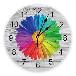 Wall Clocks Vintage Wooden Texture Flowers Daisies Clock Home Decor Bedroom Silent Digital For Kids Rooms