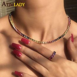 Necklaces Hot Fashion 4mm Multi Colour Tennis Chain Iced Out Bling Colourful Rainbow CZ Choker Necklace For Women Hip Hop Jewellery