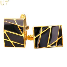 U7 New Square Cufflinks Black For Mens Enamel Fashion Jewelry Gold Color Men Suit Gold Stripes Cufflinks Box C019