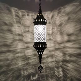Pendant Lamps Southeast Asia Romantic Retro E27 5W Iron Handmade Glass Shade Hollow Cared Craft Cylindrical Lights Turkish Lantern