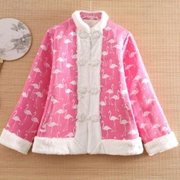 Ethnic Clothing High-end Winter Women Coat Top Chinese Style Retro Jacquard Swan Beading Elegant Loose Lady Warm Jacket Female S-XXL