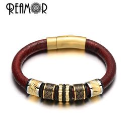 Bangle REAMOR Elegant Red Cowhide Leather Bracelet Gold Colour Stainless steel Beads Matte Button Clasp Bracelets Bangles Male Jewellery