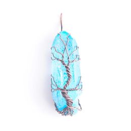 Pendant Necklaces Natural Blue Crystal Pillar Pendants Handmade Antique Copper Wire Wrapped Tree Of Life For Necklace Jewelry N3749 Dhob5