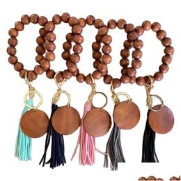 Keychains Lanyards Diy Wooden Beaded Fashion Wrist Bracelet Keychain Tassel Pendant Keyring Drop Delivery Accessories Dhgcq