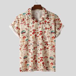 Men's Polos Short Sleeve Shirt Men Summer Mushroom Loose Baggy Casual Hawaii Holiday Beach Tee Tops Buttons Blouse Camisas De Hombre