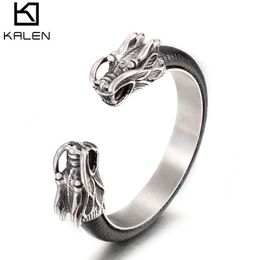 Chokers 316L Stainless Steel Dragon Head Cuff Bangle Wolf Bracelet Men Leather Elastic Open Boys Hand Bracelets Mens Jewellery 2021