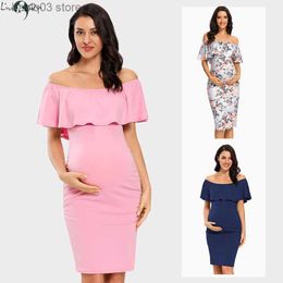 Maternity Dresses Liu Qu Women's Maternity Dress Off Shoulder Ruffle Sleeveless Bodycon Dress Elegant Ruched Sides Bodycon Dresses for Baby Shower T230523