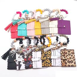 Keychains Lanyards Pu Tassel Card Bag Pendant Keychain Sile Beaded Bracelet Womens Portable Wallet Drop Delivery Fashion Accessorie Dhrxx