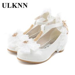 Sneakers ULKNN Children Party Leather Shoes Girls PU Low Heel Lace Flower Kids For Single Dance Dress shoe White Pink 230522