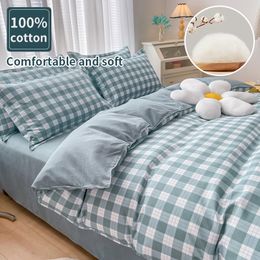 Bedding sets 100% Cotton Green Plaid Bedding Set Nordic Bed Cover 90 Skin Friendly Duvetcover 2pcs Pillowcase No Bed Sheet 230522