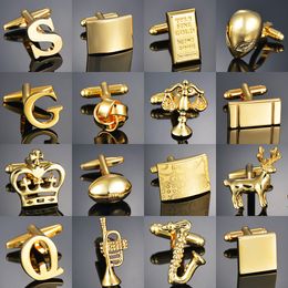 Luxury Gold Colour Cufflinks for Gentleman Warrior/Letters/Trumpet/Rugby/Gems/Knot Men Cuff Links Jewellery Men Tie Clips Gifts