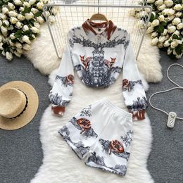 Women's Tracksuits Women Long Sleeve Floral Printed Tops Blouse Shirt And Shorts Sets Casual Summer Shirts Set Female Office Ladies Elegant