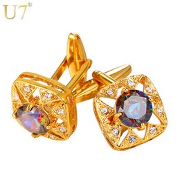 U7 Square Crystal Cufflinks Gold Colour AAA Cubic Zirconia Cuff Link Button Trendy Jewellery With Box For Men Gift Luxury C005