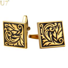 U7 New Square Cufflinks For Mens Enamel French Jewelry Gold Color Men Suit Vintage Leaf Cufflinks Box C020