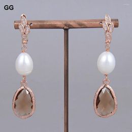 Dangle Earrings GuaiGuai Jewellery Natural White Rice Pearl Crystal Rose Gold Colour Plated CZ Flower Cute For Women