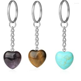 Keychains Pink Crystal Agate Heart Keychain 20mm Tiger Eye Stone Love Pendant Bag Pants Ladies Jewellery Accessories Wholesale