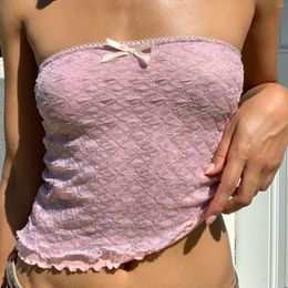 Women's Tanks Women Lace Strapless Tank Tops Summer Sweet Pink Tunic Top Y2k Fashion Off Shoulder Navel Exposed Tube Streetwear 2023