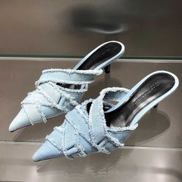 Slippers Medium Heel Shoes for Ladies 2023 Designer Fashion Denim Female Pointed Toe Pumps Heels Mules Slides Elegant Women 230511