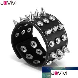Other Bracelets Jovivi 1X Men Women Studded Chain Rivet Skl Demon Spike Genuine Leather Punk Rock Gothic Biker Wide Cuff Bra Dhgarden Dhsq0