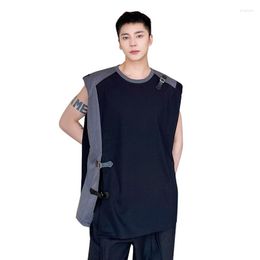 Men's Tank Tops Summer Men Japan Korean Streetwear Fashion Shoulder Pad Leather Button Sleeveless T-shirt Top Male Oversize Tee Shirts