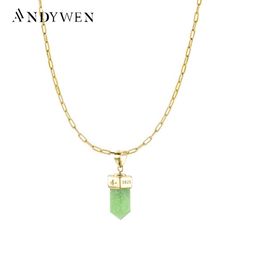 Necklaces ANDYWEN 925 Sterling Silver Gold Geometric Rectangle Chain Necklace Green Pendant Gems Crystal Zircon Women Rock Punk Jewelry