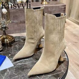 Boots Luxury Quality High Heels Ankle Boots Women Cow Suede Pointed Toe Short Boots Female Strange Style Heel Modern Boots Woman X230523