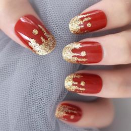 False Nails Medium Oval Red Gold Glitter Press On Salon Manicure Reusable Fake Nail Art Tips DIY Fingernails For Wedding Party