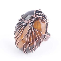 Solitaire Ring Natural Stone Tiger Eye Bead Antique Rings For Women Finger Jewelry Wire Wrapped Tree Of Life Adjustable X3056 Drop De Dhpr3