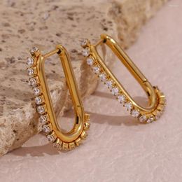 Hoop Earrings 18K Gold Plated Long U Shaped Cubic Zirconia Side Paved For Woman Crystal Stainless Steel