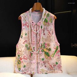 Ethnic Clothing Chinese Style O-Neck Tassels Buckle Mesh Embroidered Vest Women Design Retro Pink Age Reducing Sleeveless Top S-XXL