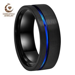 Bands 8MM Black Blue Wedding Band Tungsten Carbide Ring For Men Women With Offset Groove And Brushed Finish Comfort Fit