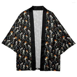 Ethnic Clothing Fashion Black Skeleton Print Cardigan Japanese Kimono Streetwear Women Men Harajuku Haori Top Shirts Yukata