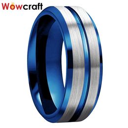 Bands Blue Tungsten Carbide Ring for Men Women 6mm 8mm Engagement Brushed Blue Grooved Wedding Band Rings with Bevel Edges