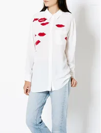 Women's Blouses Women's Loose Lip Printing Single Breasted Long Sleeve Shirt Silk Casual