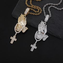 Hip Hop Playing Hands Cross Pendants Necklace Full Zircon Religious Jewellery Gift