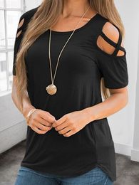 Women's Blouses Women's Sexy Criss-Cross Cold Shoulder Summer Blouse Shorts Sleeve Stretchy T-Shirt Solid Loose Strappy Tunic Top 2023