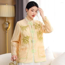 Ethnic Clothing High-end Spring And Summer Women Jacket Top Chinese Style Tang Suit Embroidery Golden Bamboo Elegant Lady Coat Female S-XXL