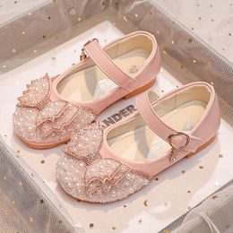 Sneakers Girls Leather Shoes Bow Shiny Pearl Princess Spring Autumn Fashion Sequin Childrens Flat Single H538 230522