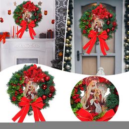Decorative Flowers Holy Christmas Wreath Lit Up Scene At The Front Door Christ's Birth 30cm