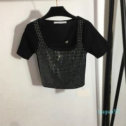 2023-designer brand women Knitted short sleeve Sparkly hot drill square collar short-sleeved sweater top High quality womens clothes