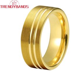 Rings Gold 8mm Tungsten Carbide Wedding Rings For Men Women Engagement Bands Offset Two Grooved Brushed Finish Comfort Fit