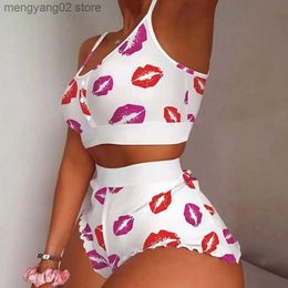 Women's Sleepwear Summer Women's 2 Pieces Kawaii Strawberry Print Frill Hem Cami Pajama Set Femme Cute Crop Top Shorts Suits Lady Sleepwear T230523