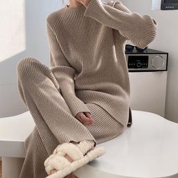 Women's Two Piece Pants Solid Colour Slit Sweater Wide-leg Two-piece Set Women's Fashion Loose Spring And Autumn Knitted Suit