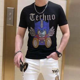 Summer Men's T-Shirts Short Sleeve Mechanical Bear Rhinestone Design Pure Cotton Round Neck Tees New Style Young Homme Clothing Tops