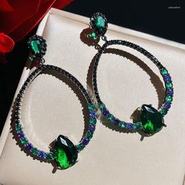 Dangle Earrings Emerald Zircon Oval 925 Silver Needle Black Exaggerated Temperament Large