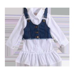 Girl's Dresses Summer baby lapel shirt casual girl long sleeved ruffled dress+denim vest two-piece children's clothing G220523