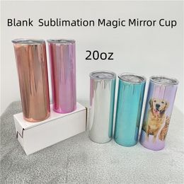 20oz Blank Sublimation Tumblers Magic Mirror Cup Straight Stainless Steel Double Wall Tumblers Vacuum Insulated Coffee Mugs UV Colour Thermos Drinking Mugs With Lid